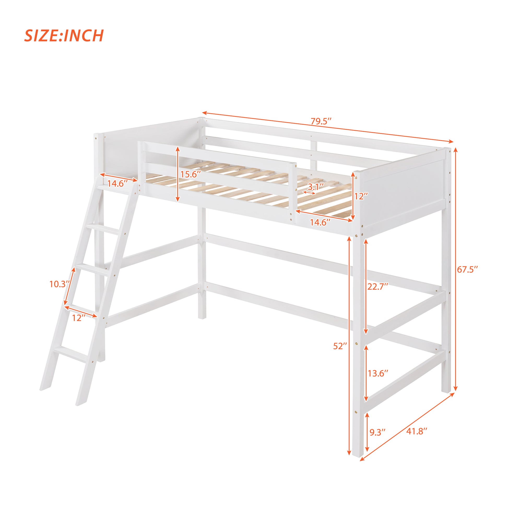 White twin loft bed with ladder featuring protective rails and wooden slats