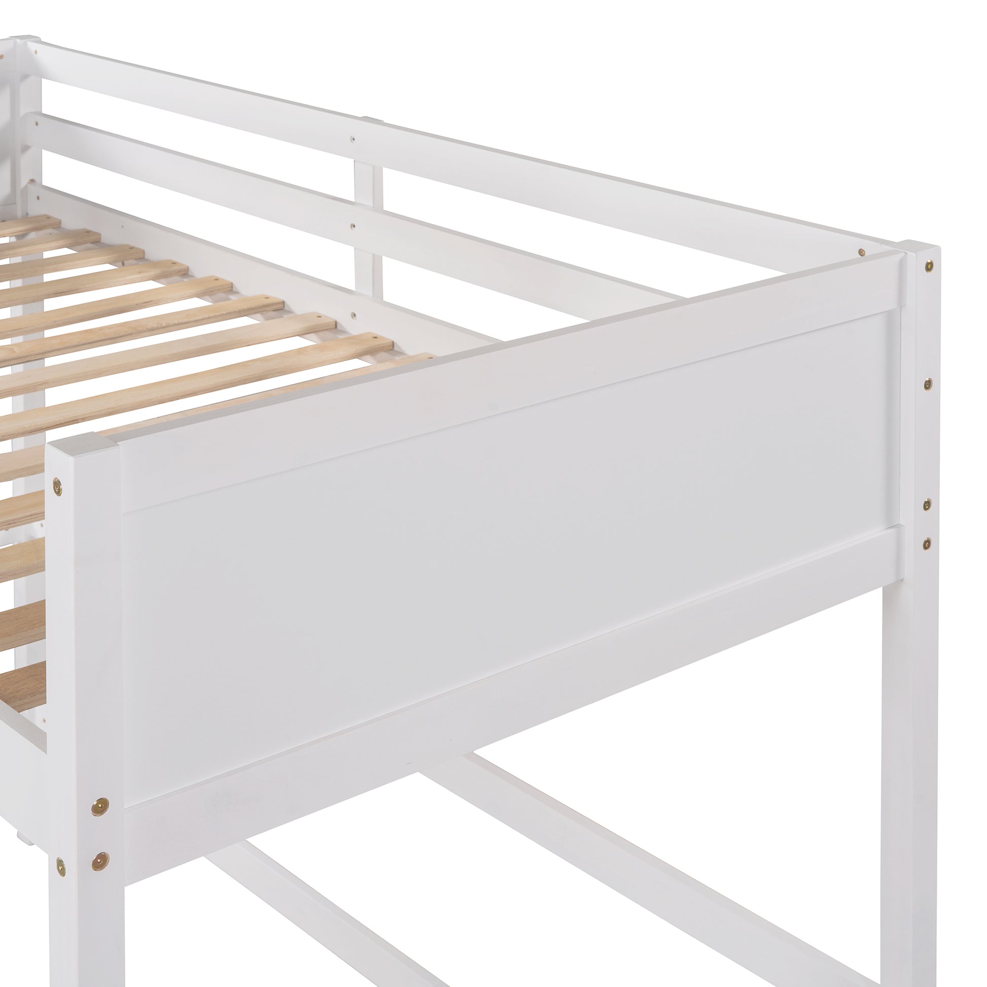 White wooden loft bed frame with slatted base