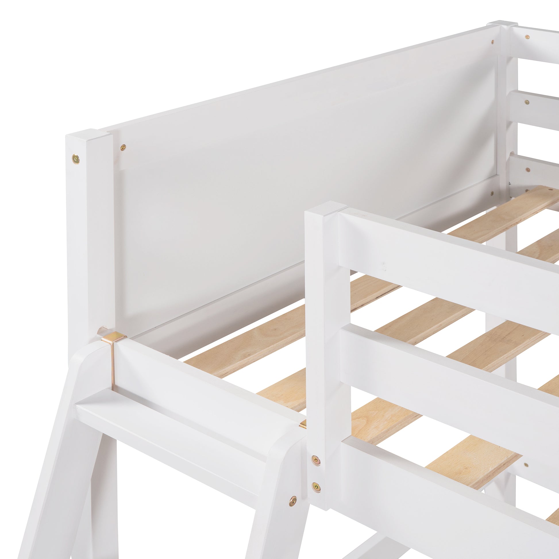 Closeup of white wooden bunk bed frame with slatted base