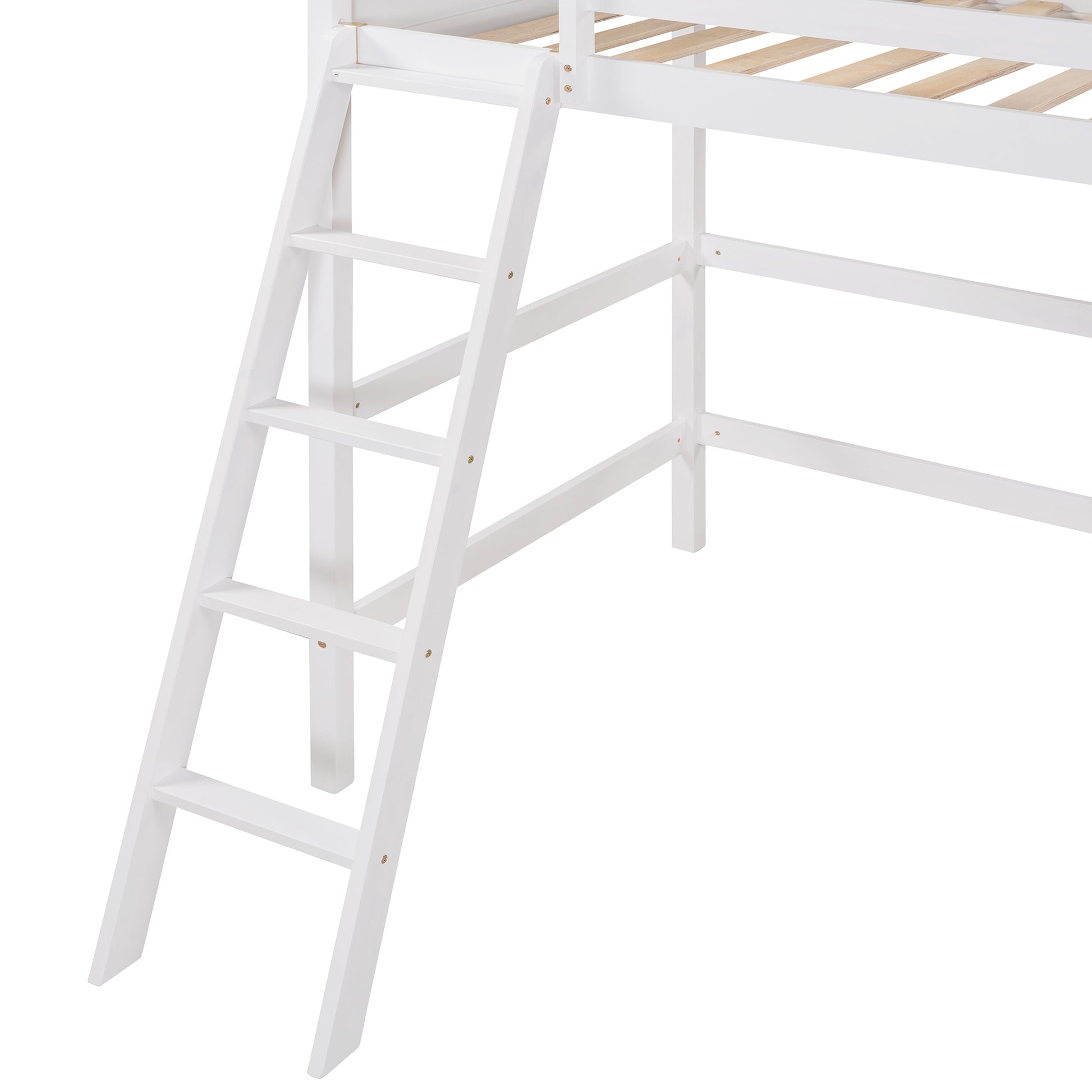 White wooden loft bed ladder with visible slats and support beams