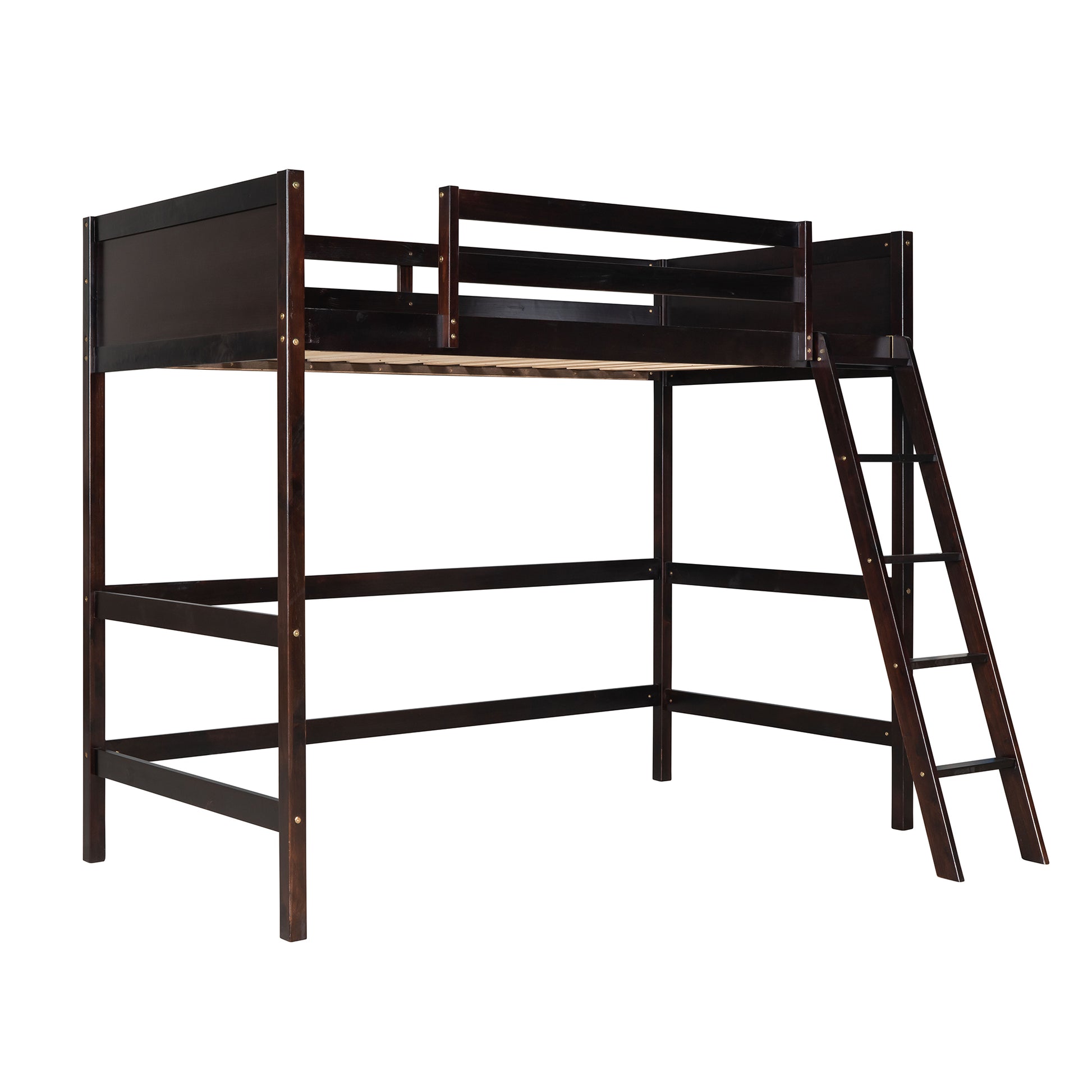 Dark brown wooden loft bed with ladder and safety rails ideal for kids rooms