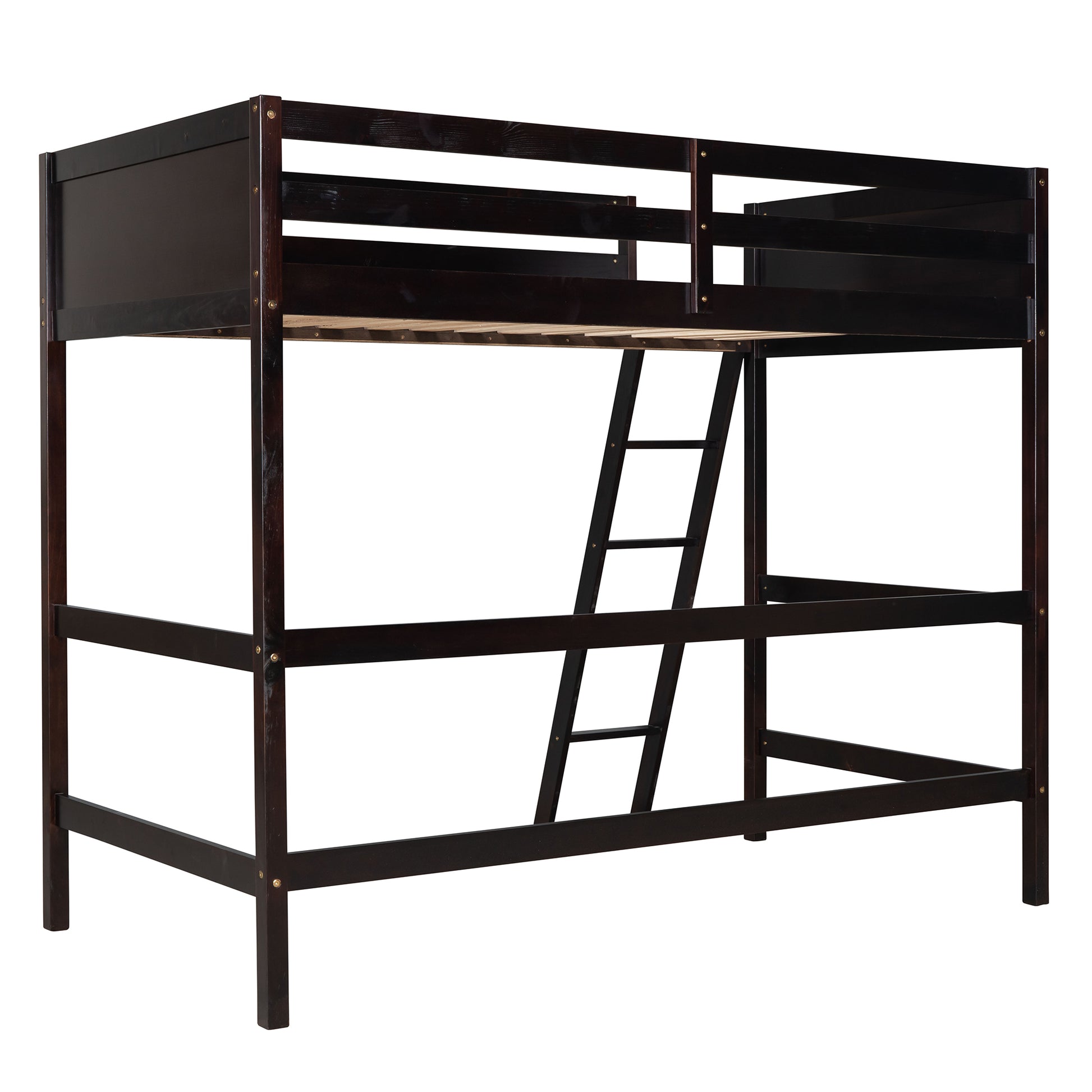 Dark brown wooden twin over twin bunk bed with ladder