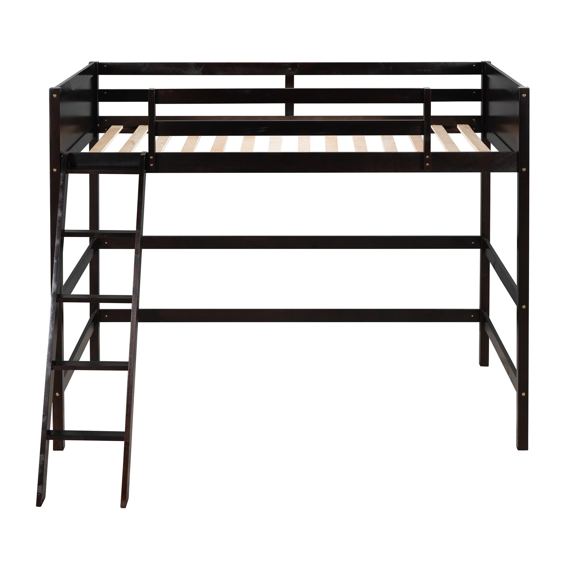 Dark brown wooden loft bed frame with integrated ladder