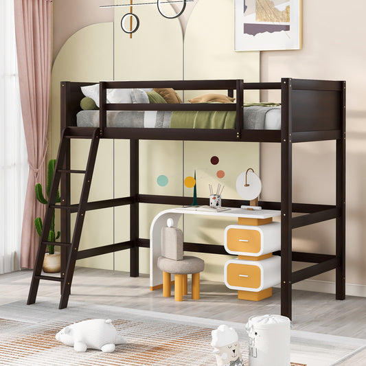 Dark wood loft bed with integrated desk and ladder