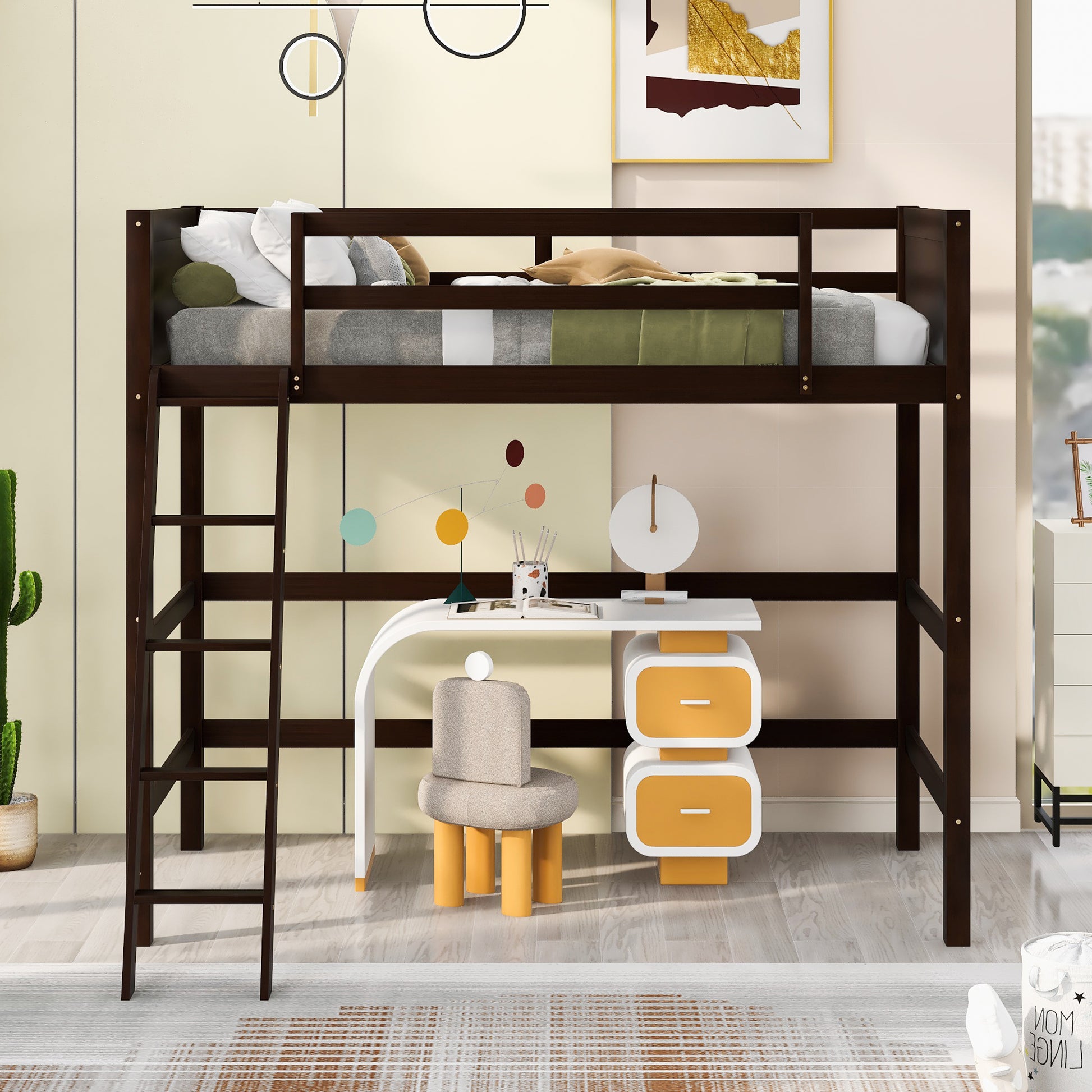 Dark brown wooden loft bed with integrated desk and ladder