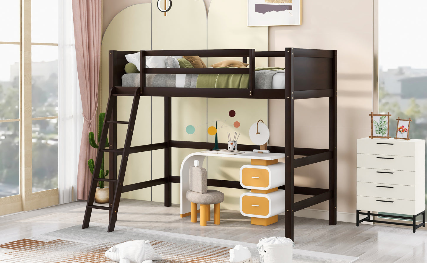 Dark wood loft bed with ladder desk and white dresser perfect for kids rooms