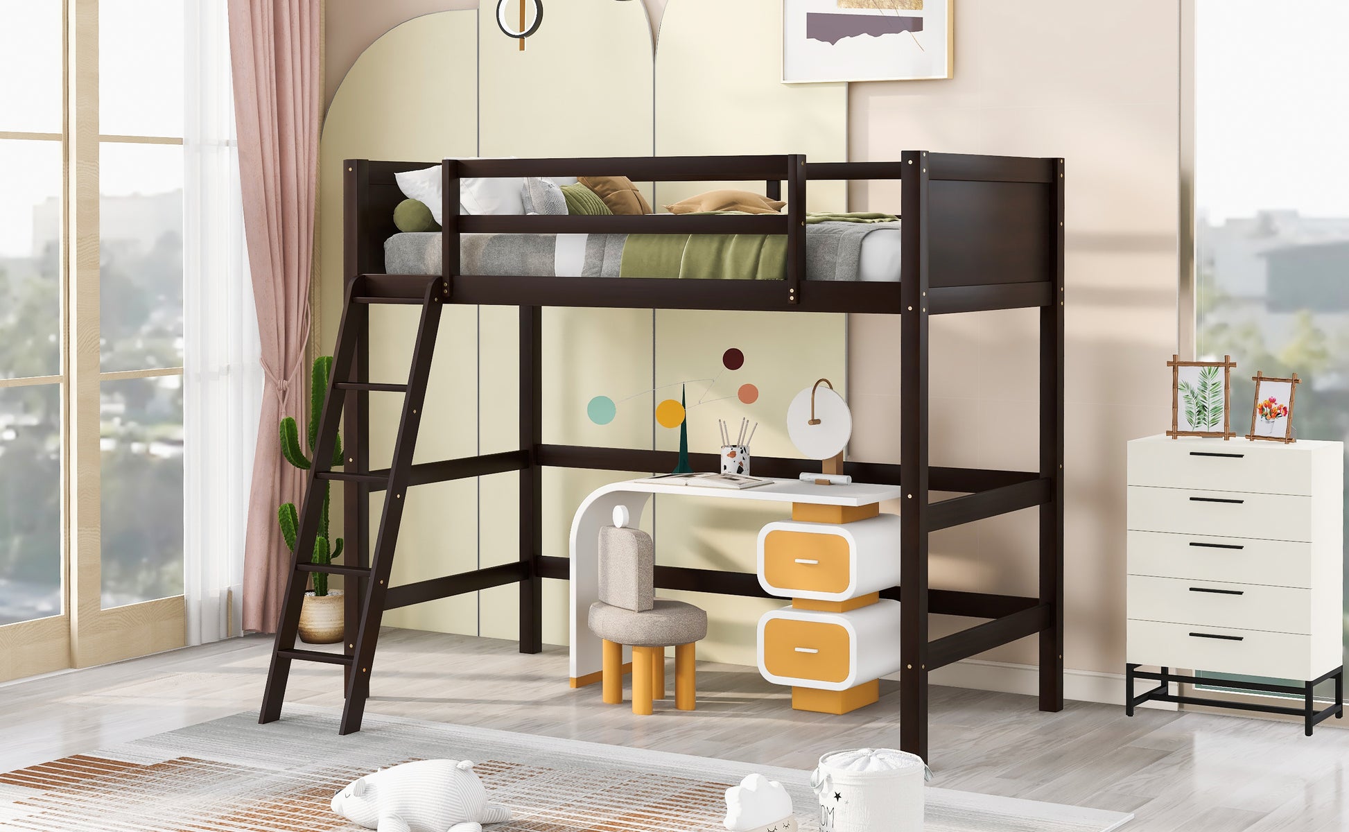 Dark wood loft bed with ladder desk and white dresser perfect for kids rooms