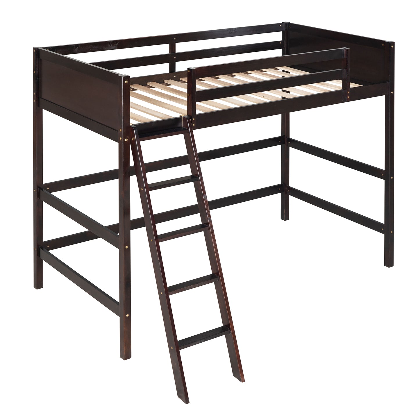 Dark brown wooden loft bed with integrated ladder