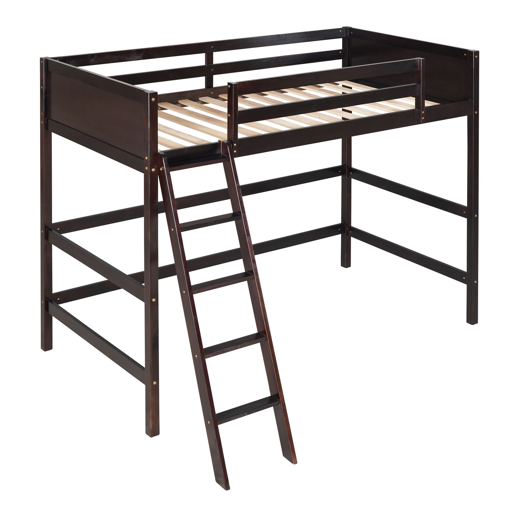 Dark brown wooden loft bed with integrated ladder