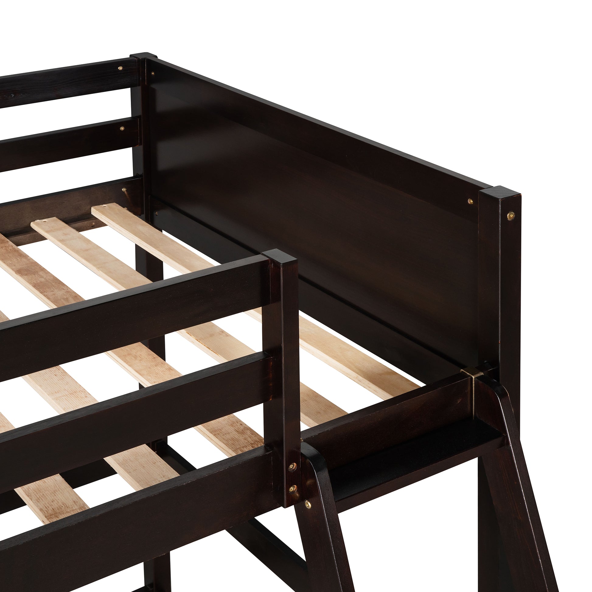 Dark brown wooden loft bed frame with slatted support