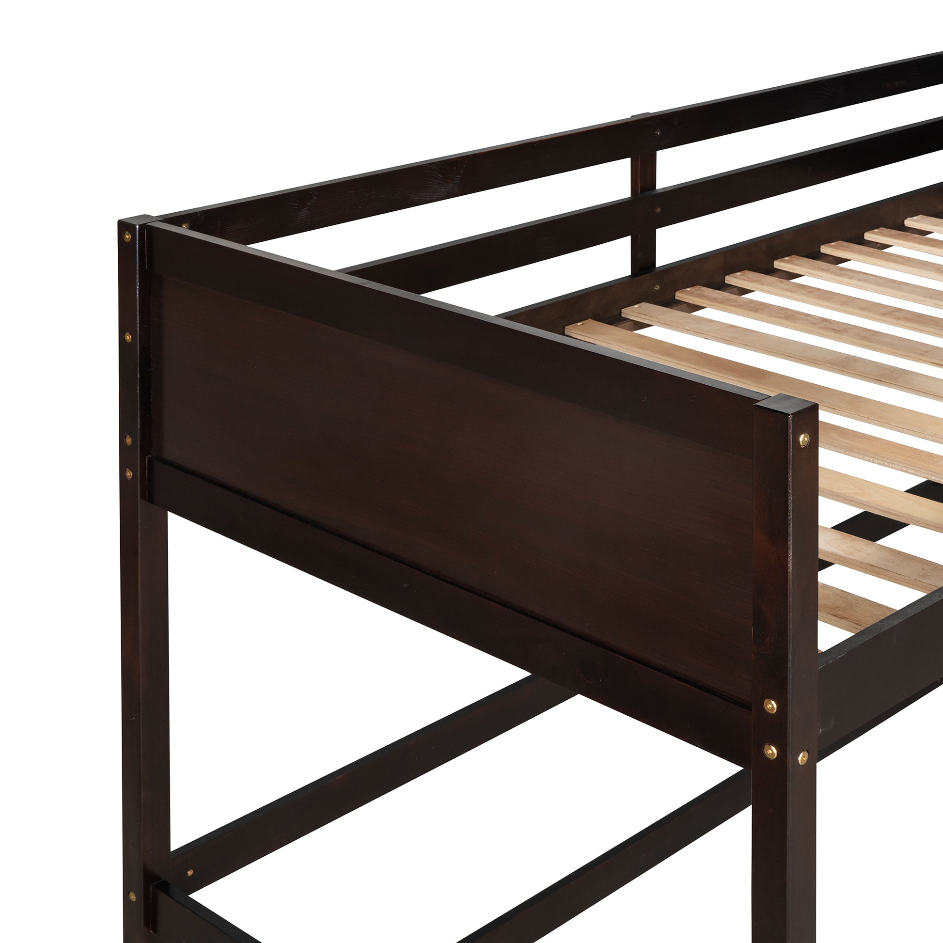 Closeup of dark brown wooden bunk bed frame with slatted mattress support