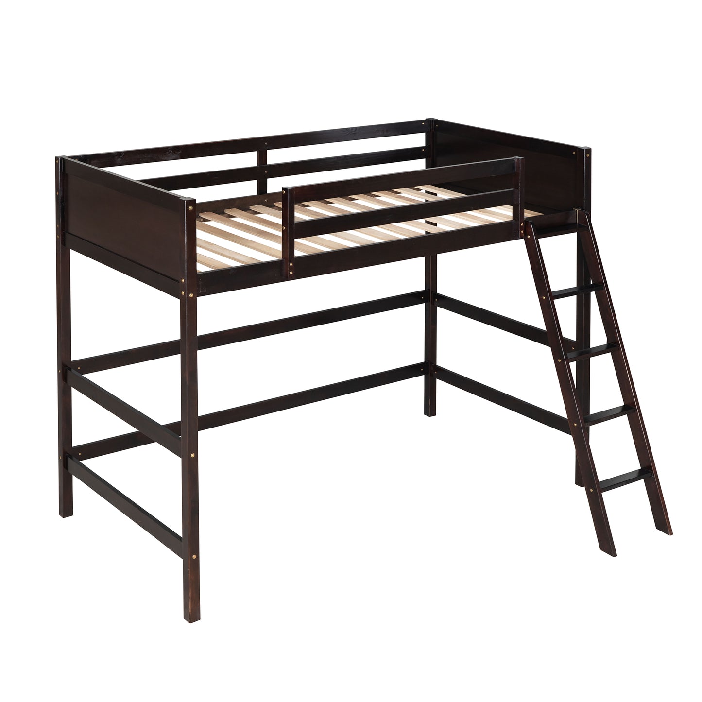 Dark wood loft bed with ladder for kids room
