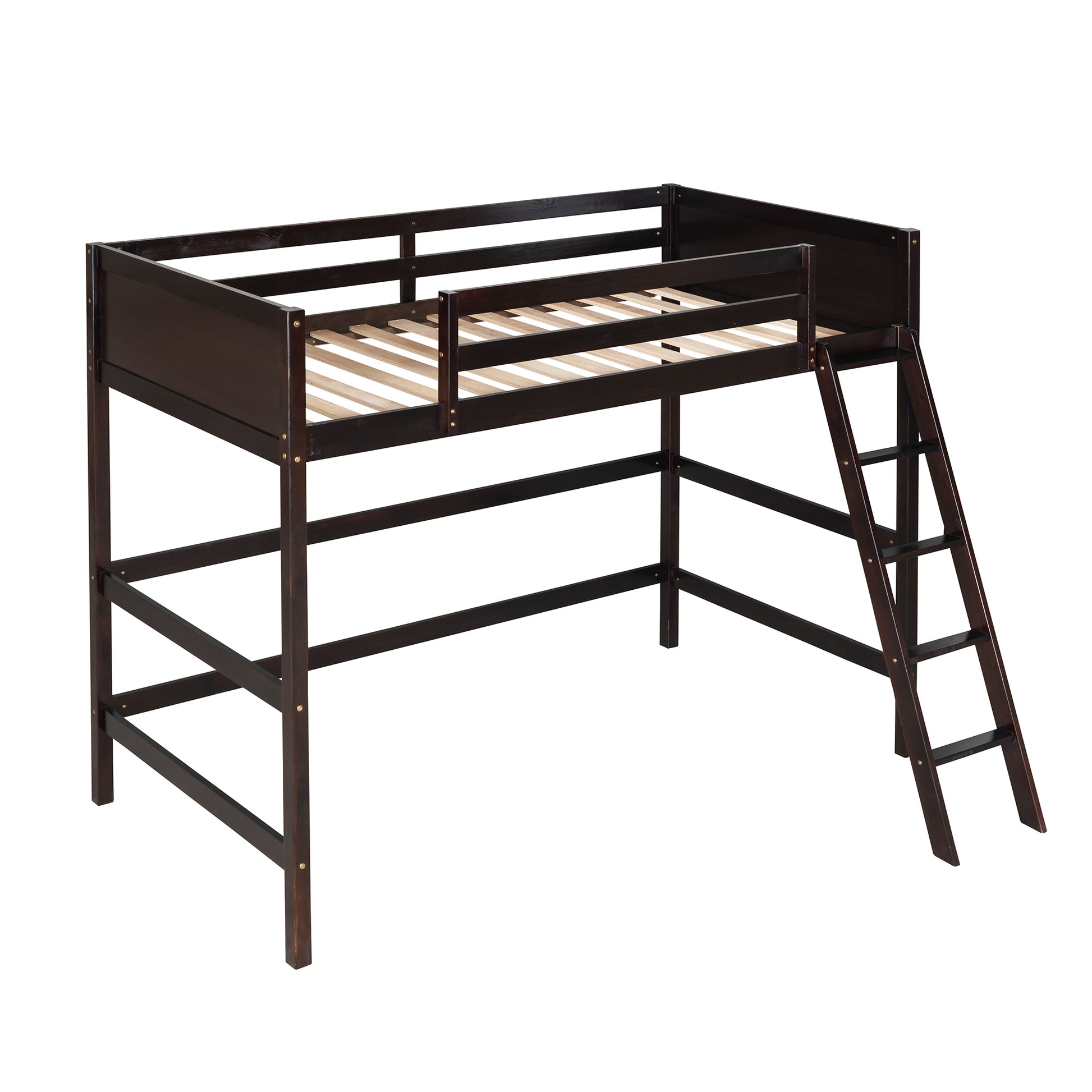 Dark wood loft bed with ladder for kids room