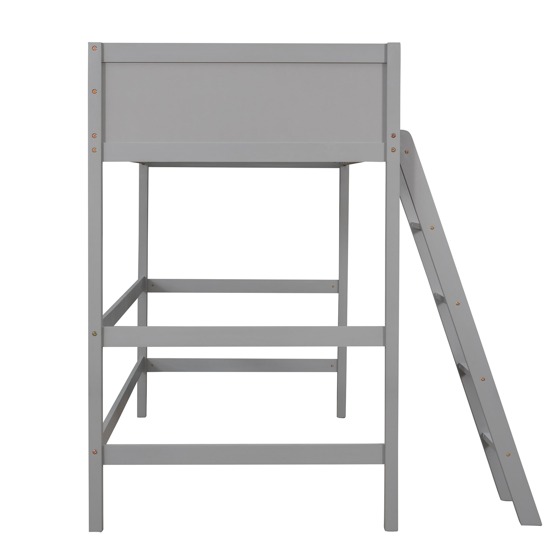 Gray wooden loft bed frame with ladder for kids room