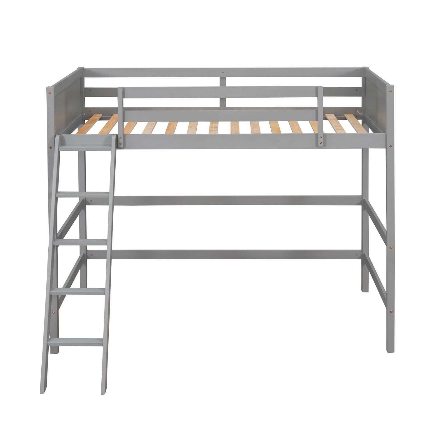 Gray wooden loft bed with ladder