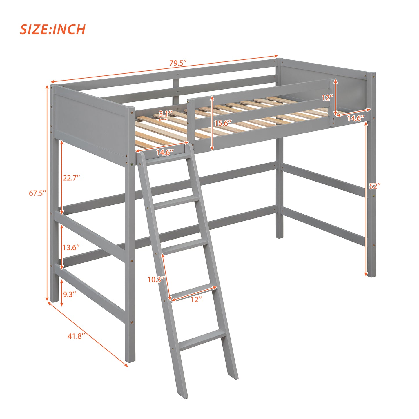 Gray wooden loft bed with ladder for kids dimensions indicated