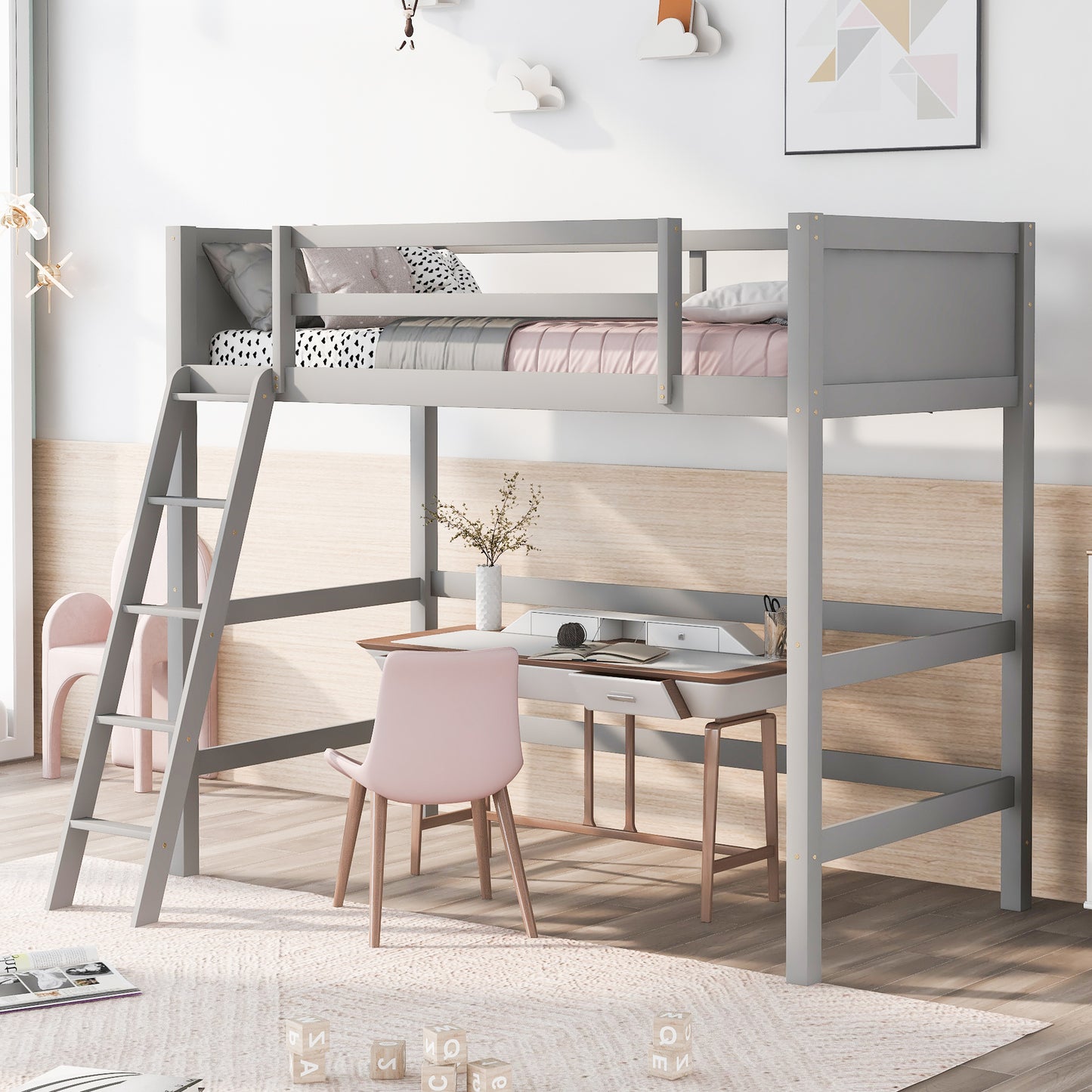 Gray wooden loft bed with integrated desk and ladder