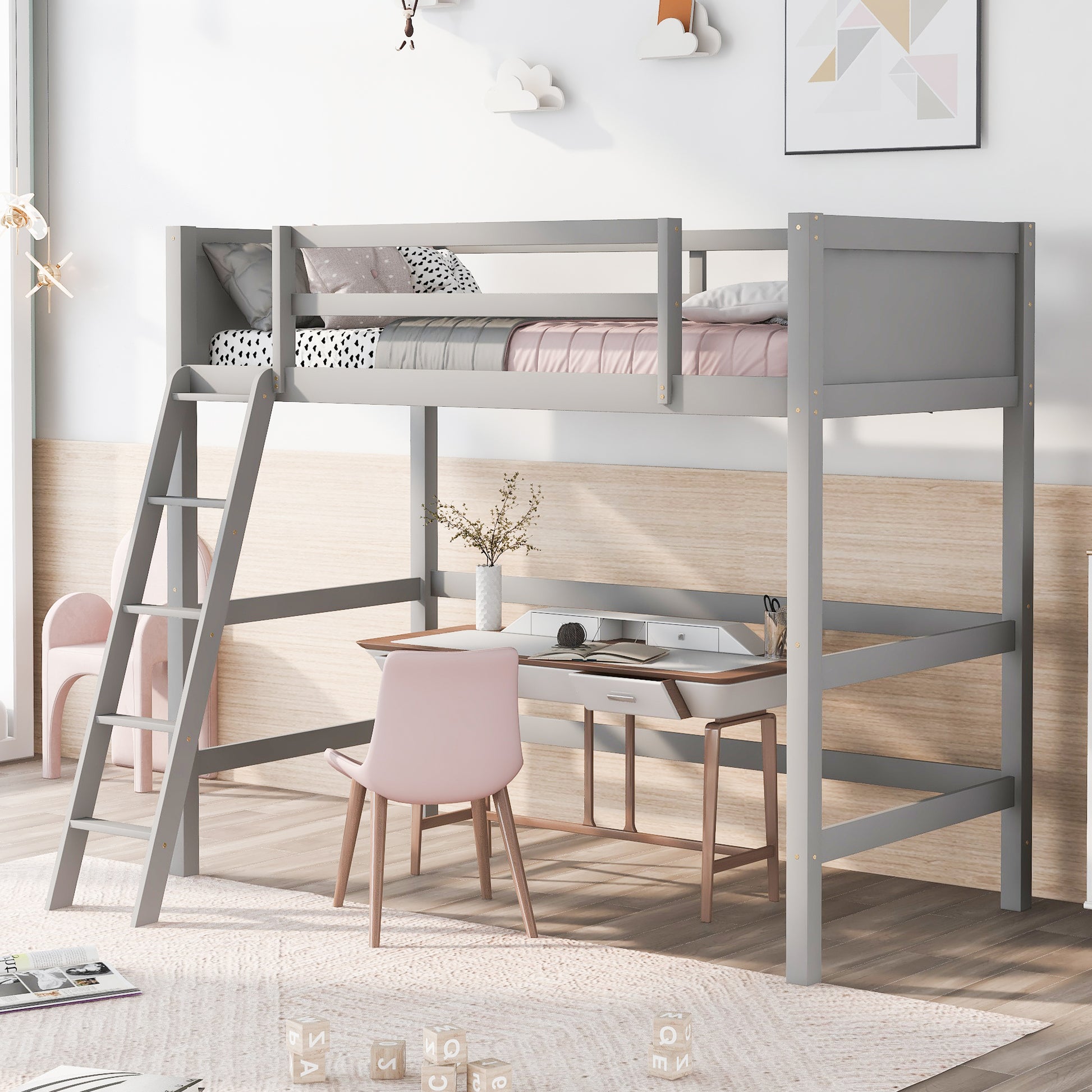 Gray wooden loft bed with integrated desk and ladder