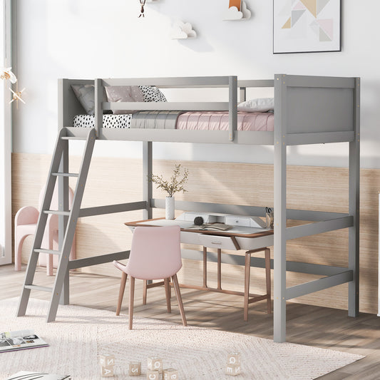 Gray wooden loft bed with integrated desk and ladder