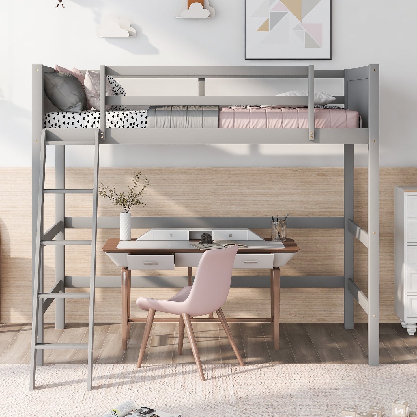 Gray wooden loft bed with ladder