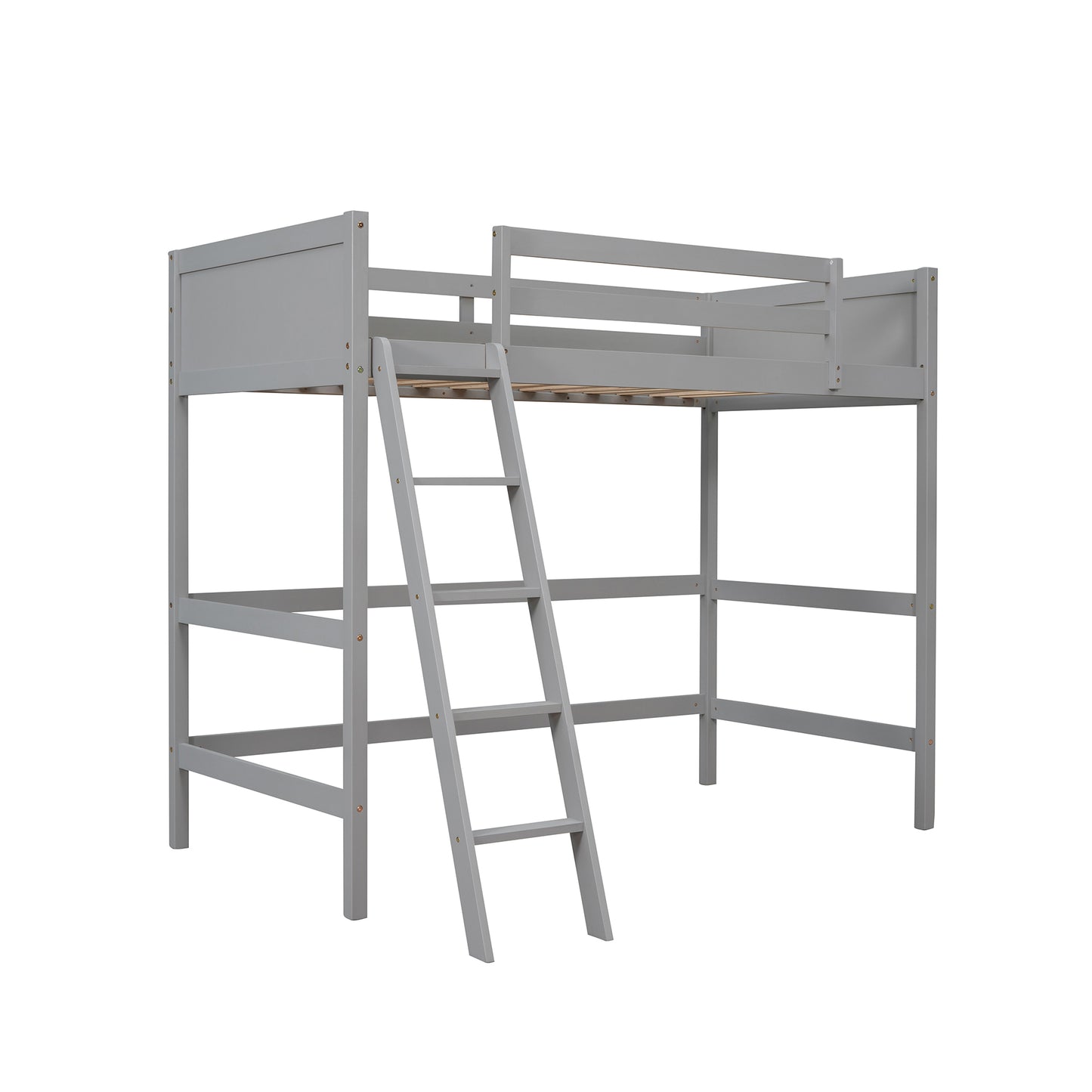 Gray wooden kids loft bed with ladder