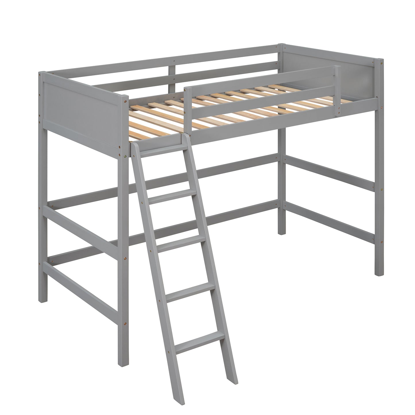 Gray wooden loft bed with ladder