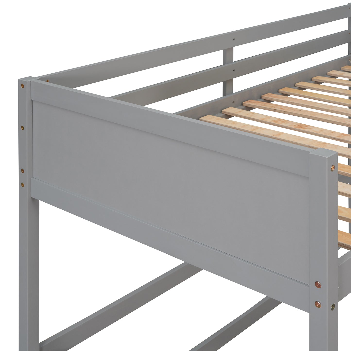 Gray wooden loft bed frame detail with slatted base