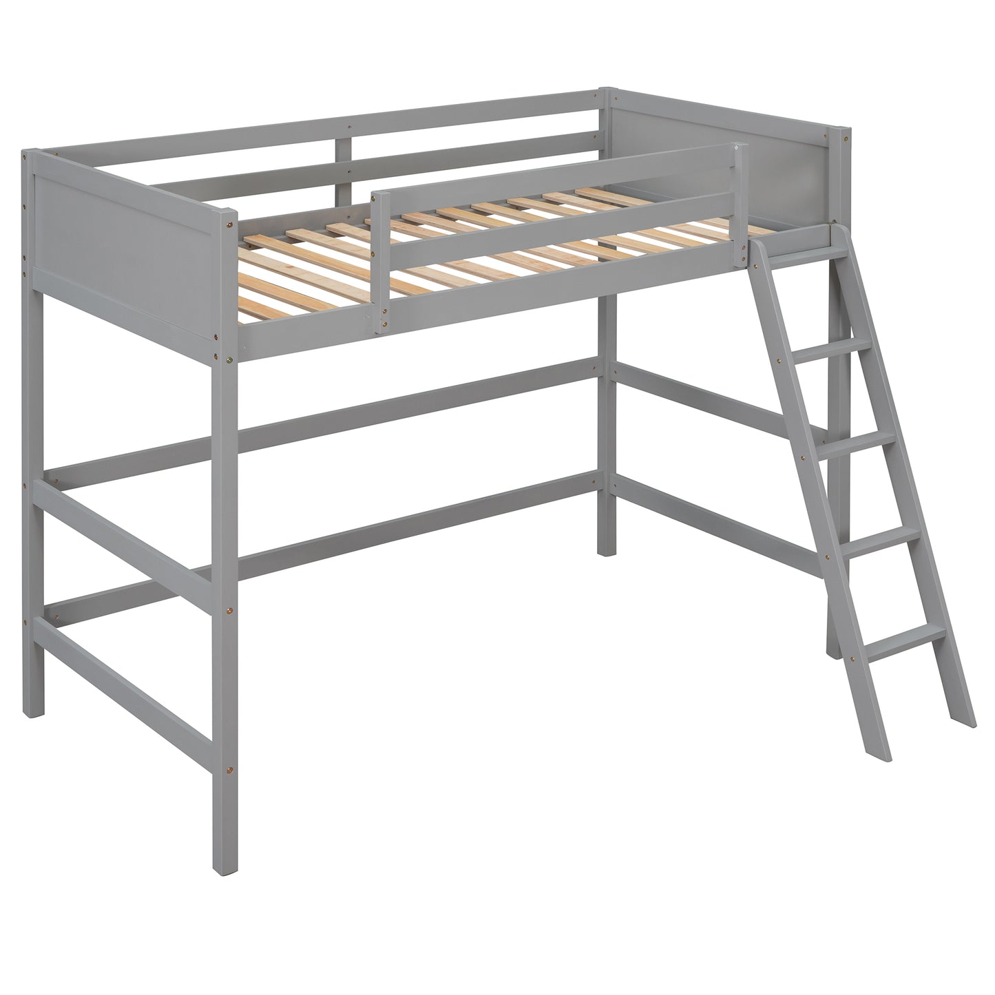 Gray wooden loft bed with ladder and wooden slats