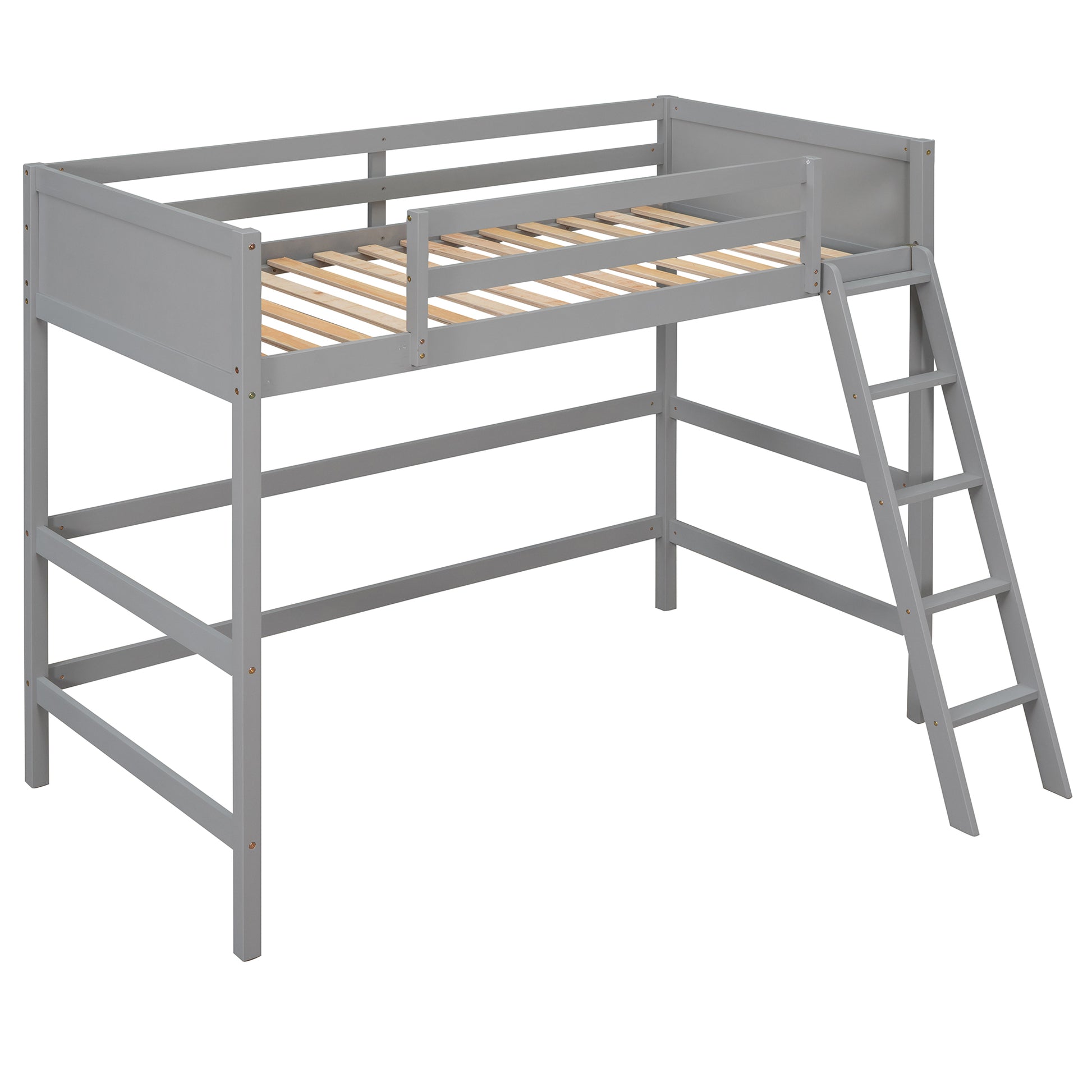 Gray wooden loft bed with ladder and wooden slats