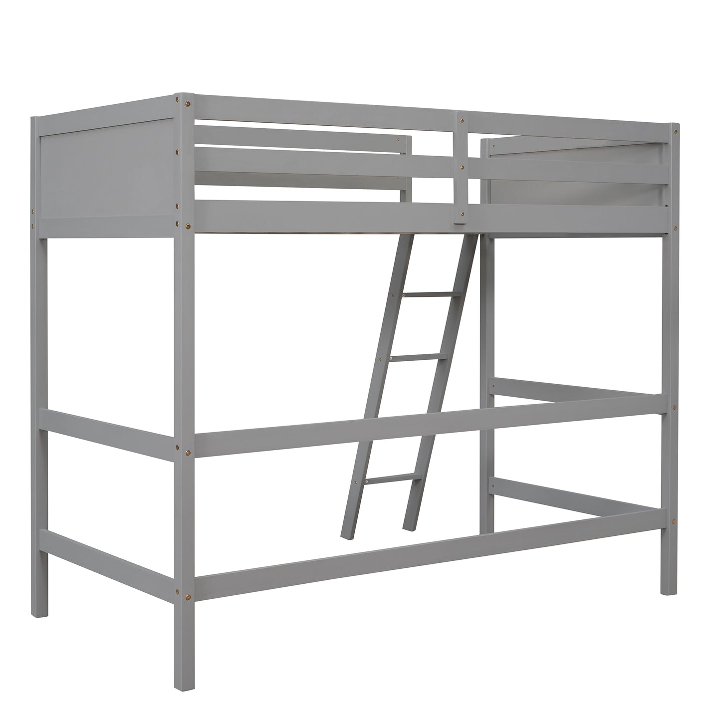 Gray wooden twin over twin bunk bed with ladder
