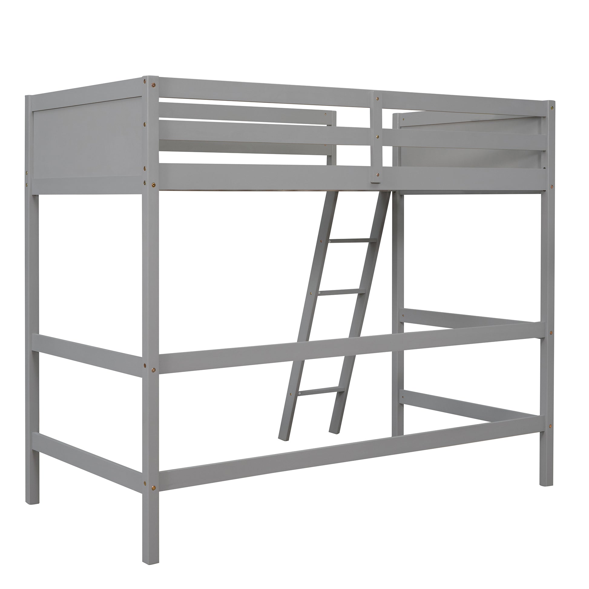 Gray wooden twin over twin bunk bed with ladder