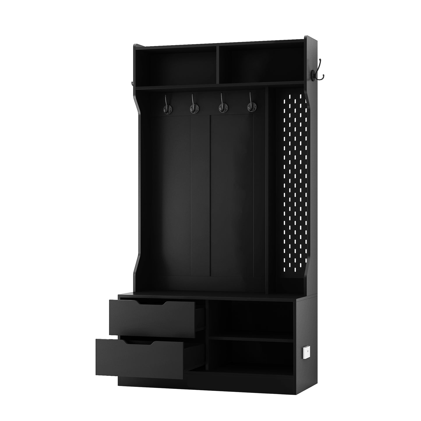 Black entryway hall tree with  coat hooks and  drawers