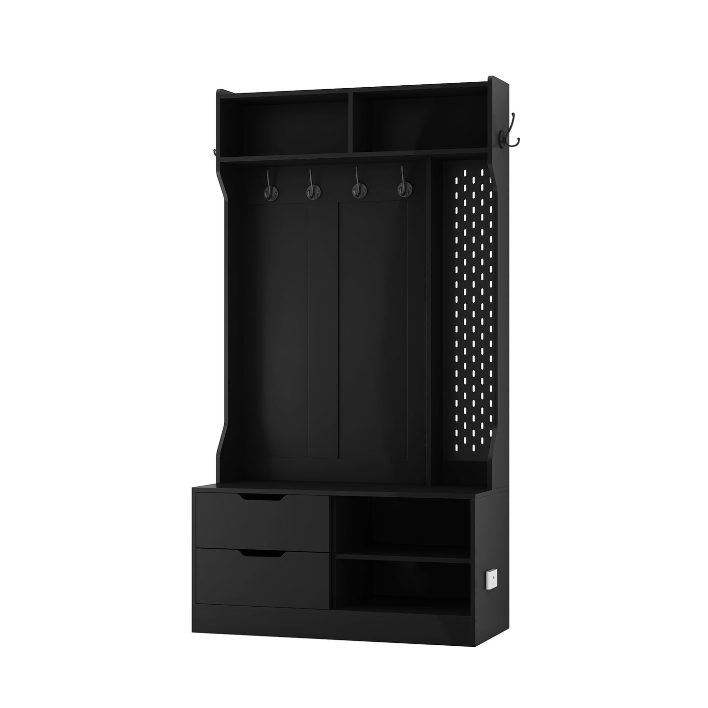 Black entryway bench with coat rack and storage drawers