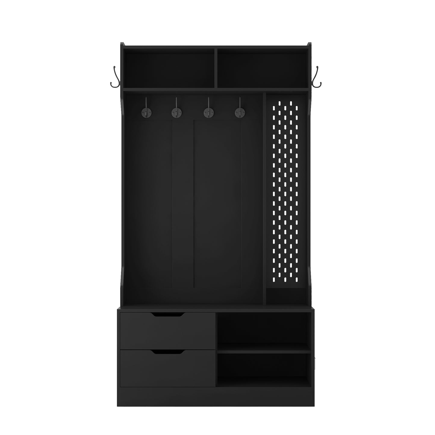 Black entryway hall tree with coat hooks and storage drawers