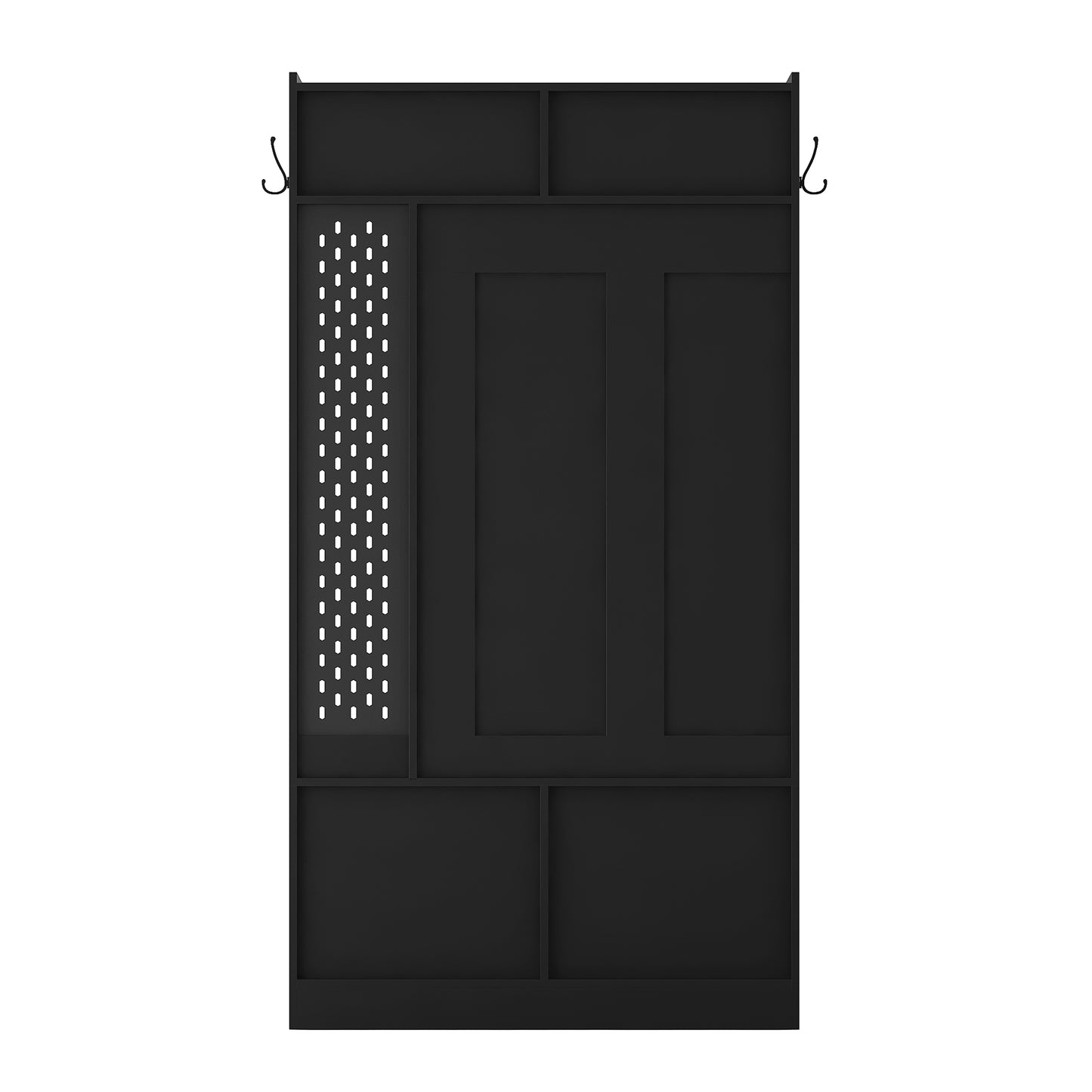 Black entryway organizer with multiple shelves and two coat hooks
