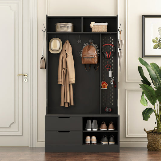Modern hall tree in black with coat hooks and shoe storage