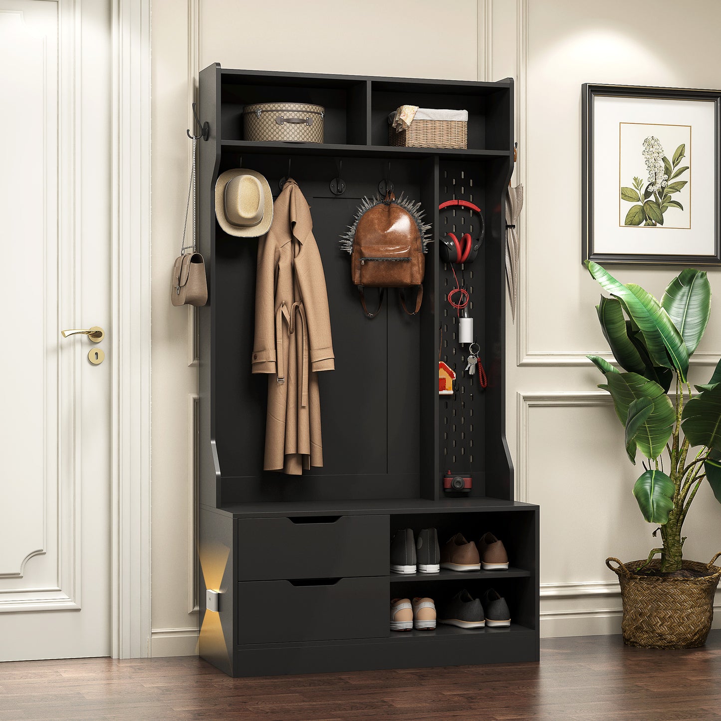 Black entryway organizer with coat hooks and shoe storage