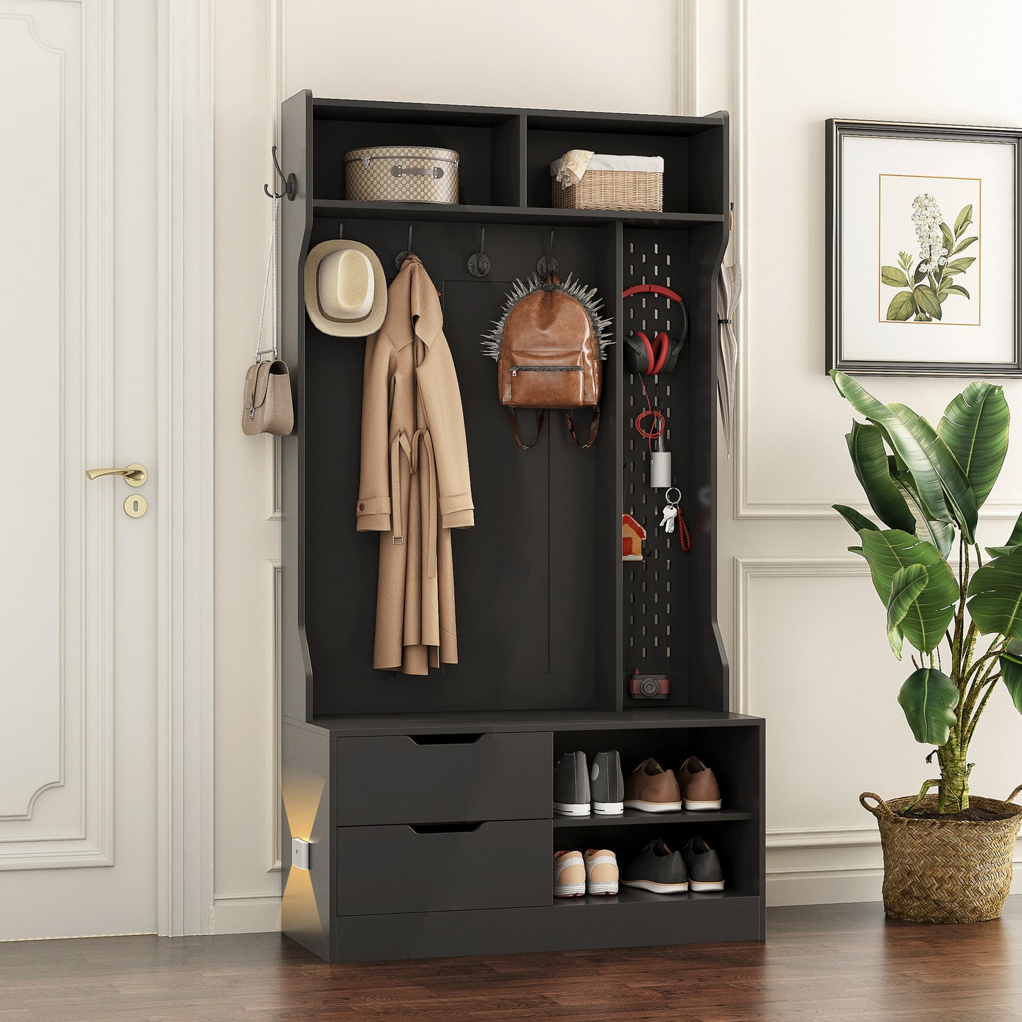 Black entryway organizer with coat rack and shoe storage