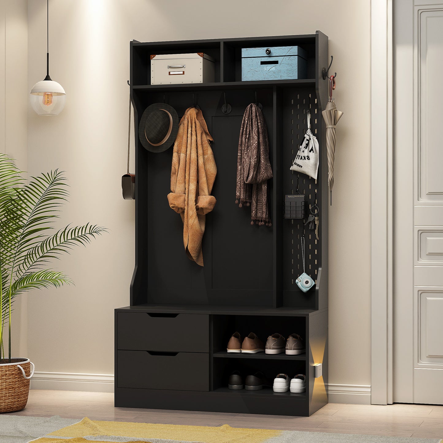 Black entryway organizer with coat hooks hat shelf and shoe storage