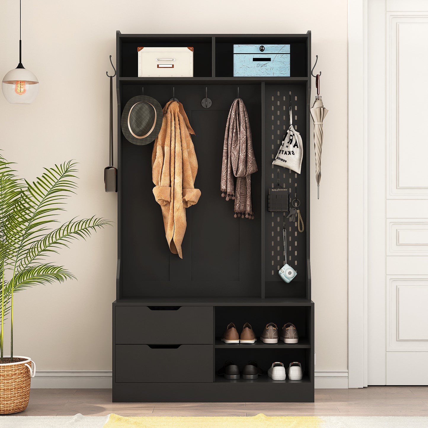 Black entryway organizer with coat hooks drawers and shoe storage shelves