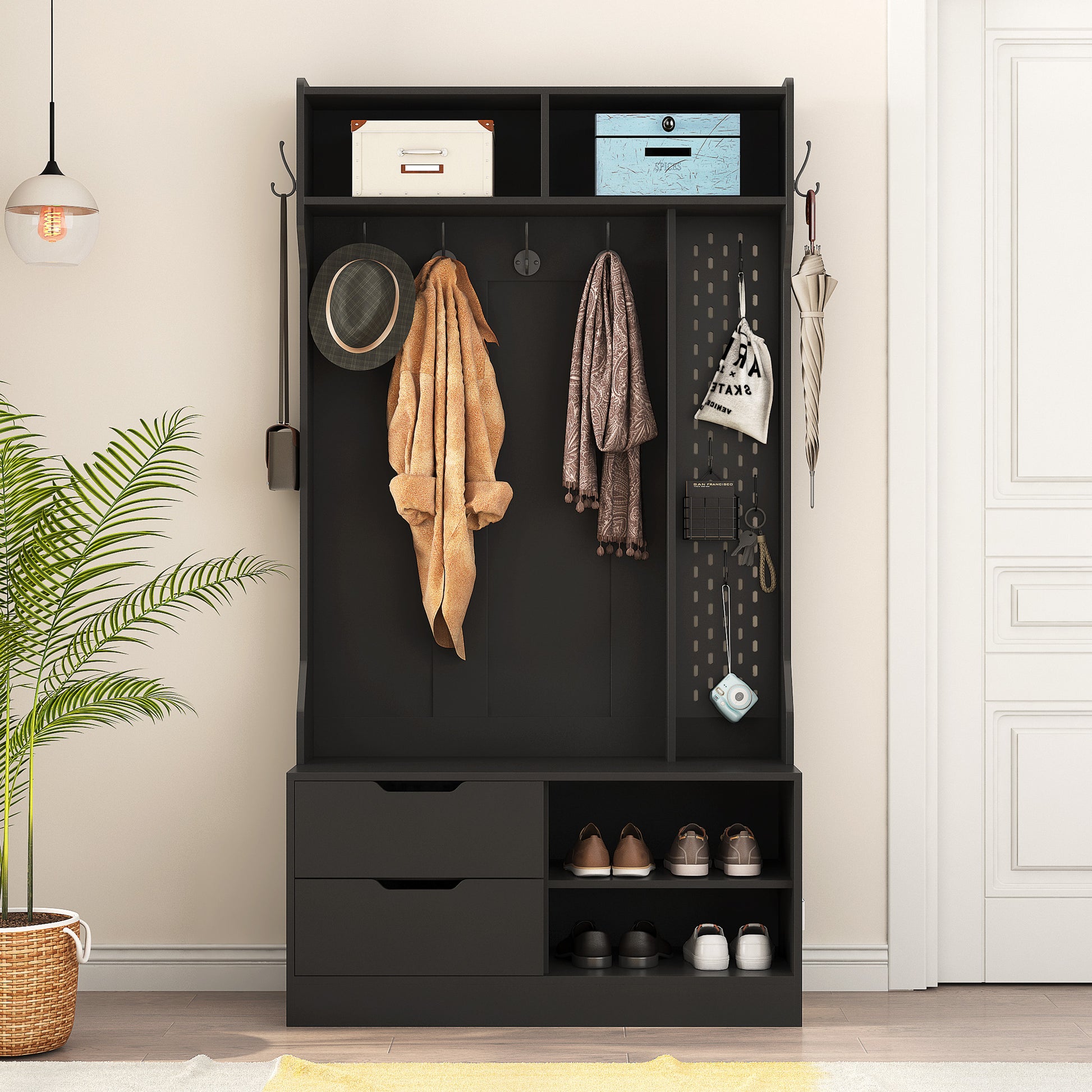 Black entryway organizer with coat hooks drawers and shoe storage shelves