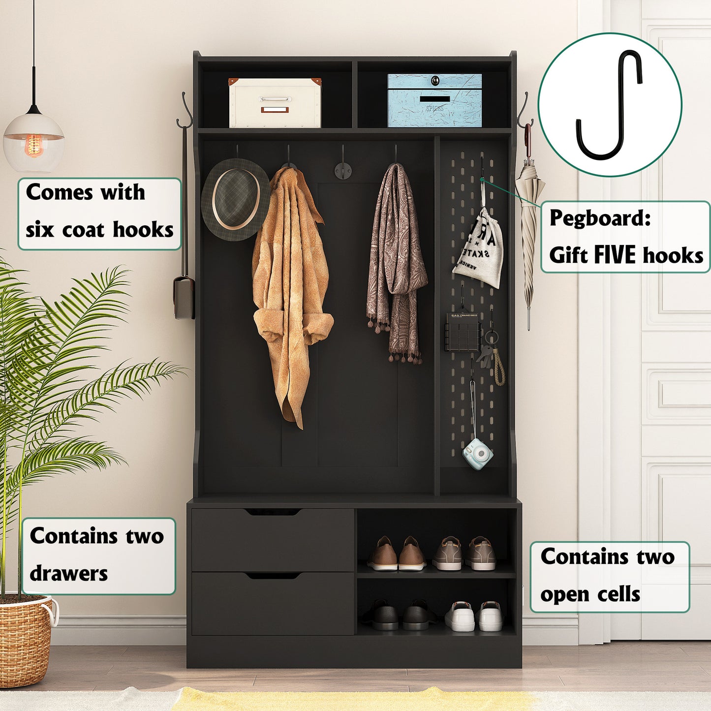 Black entryway hall tree with six coat hooks