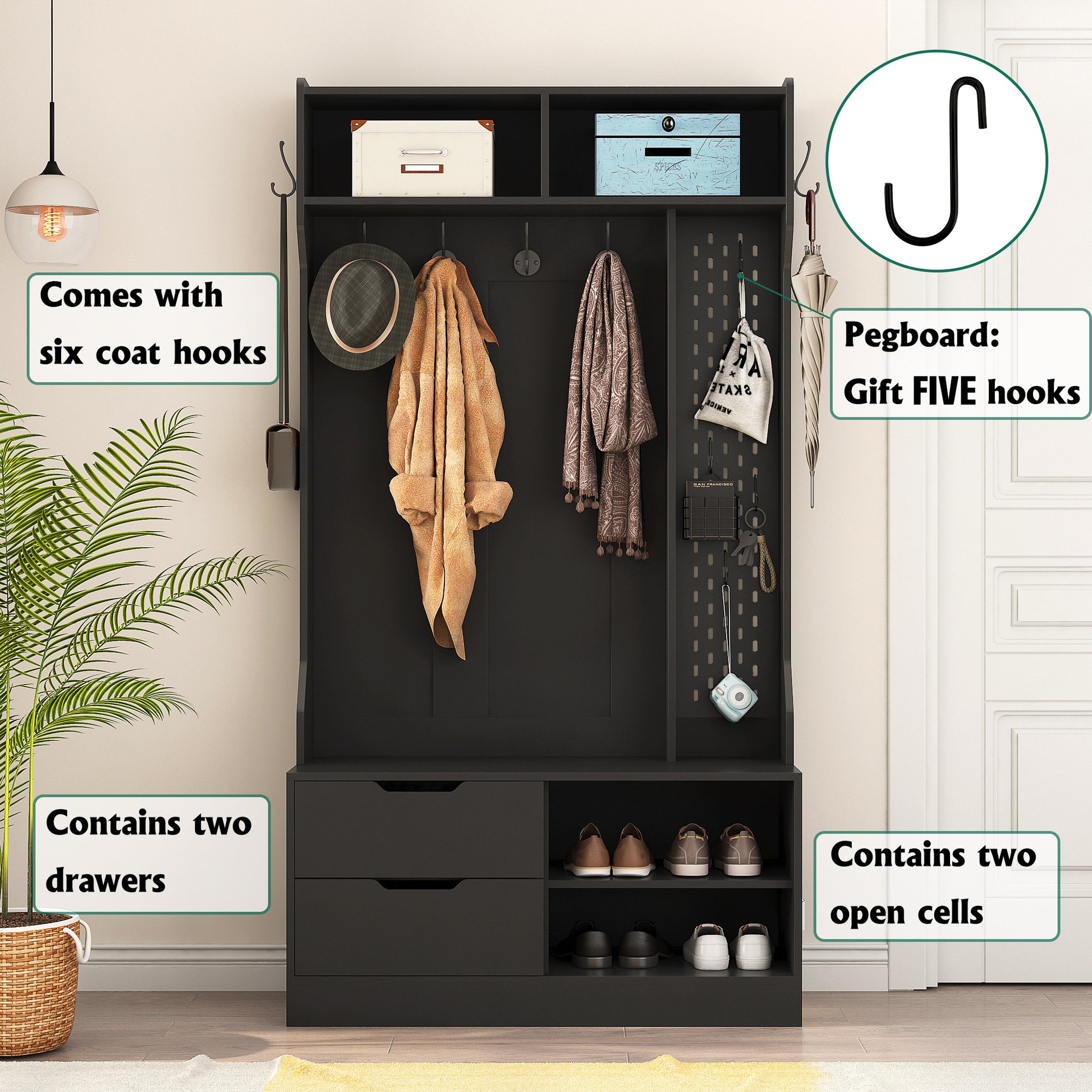 Black entryway hall tree with six coat hooks