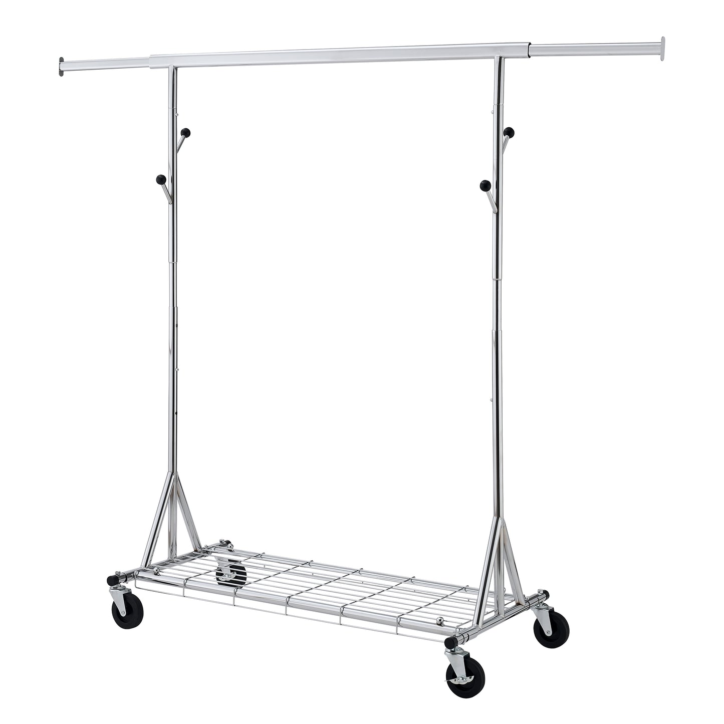 Chrome garment rack with adjustable height and rolling casters