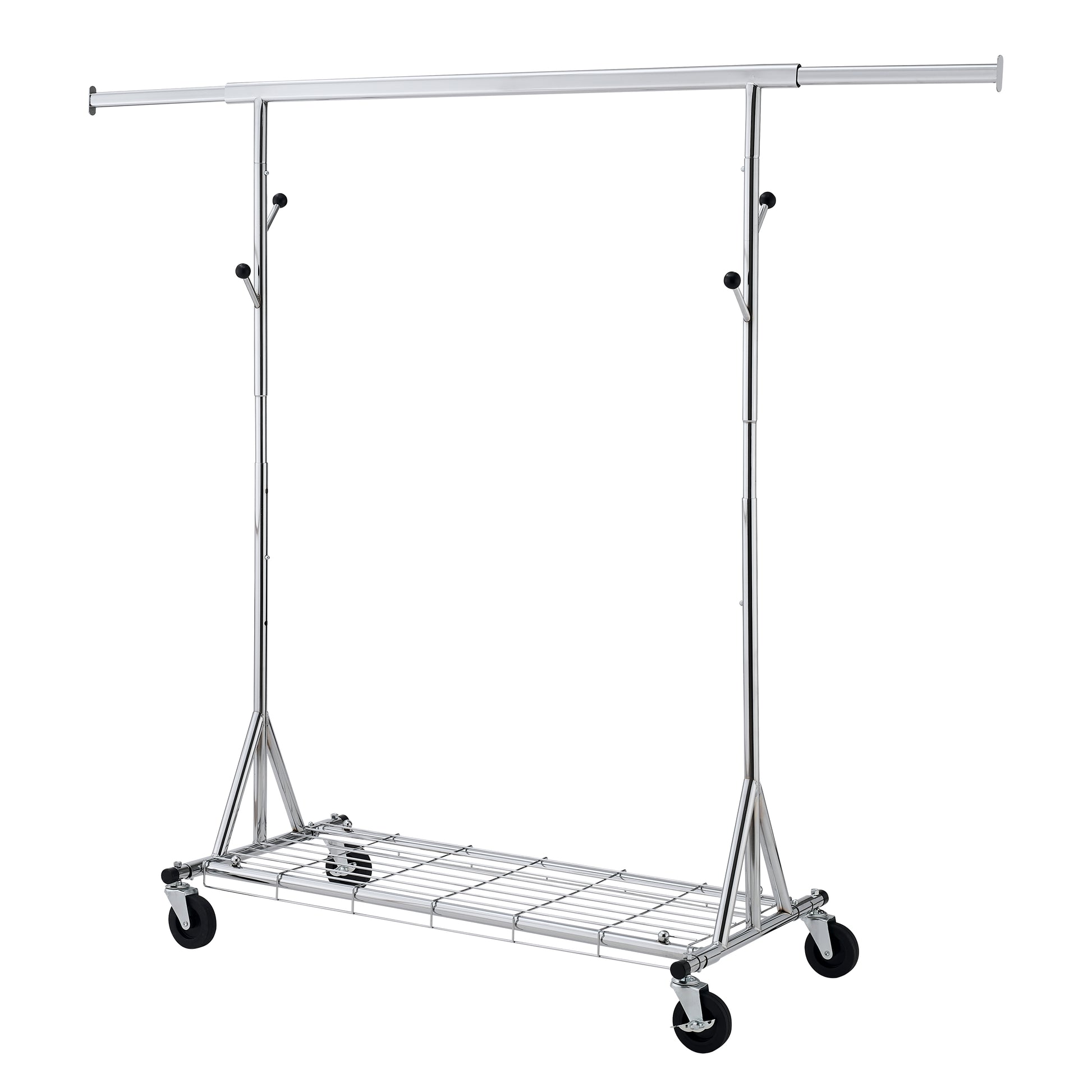 Chrome garment rack with adjustable height and rolling casters
