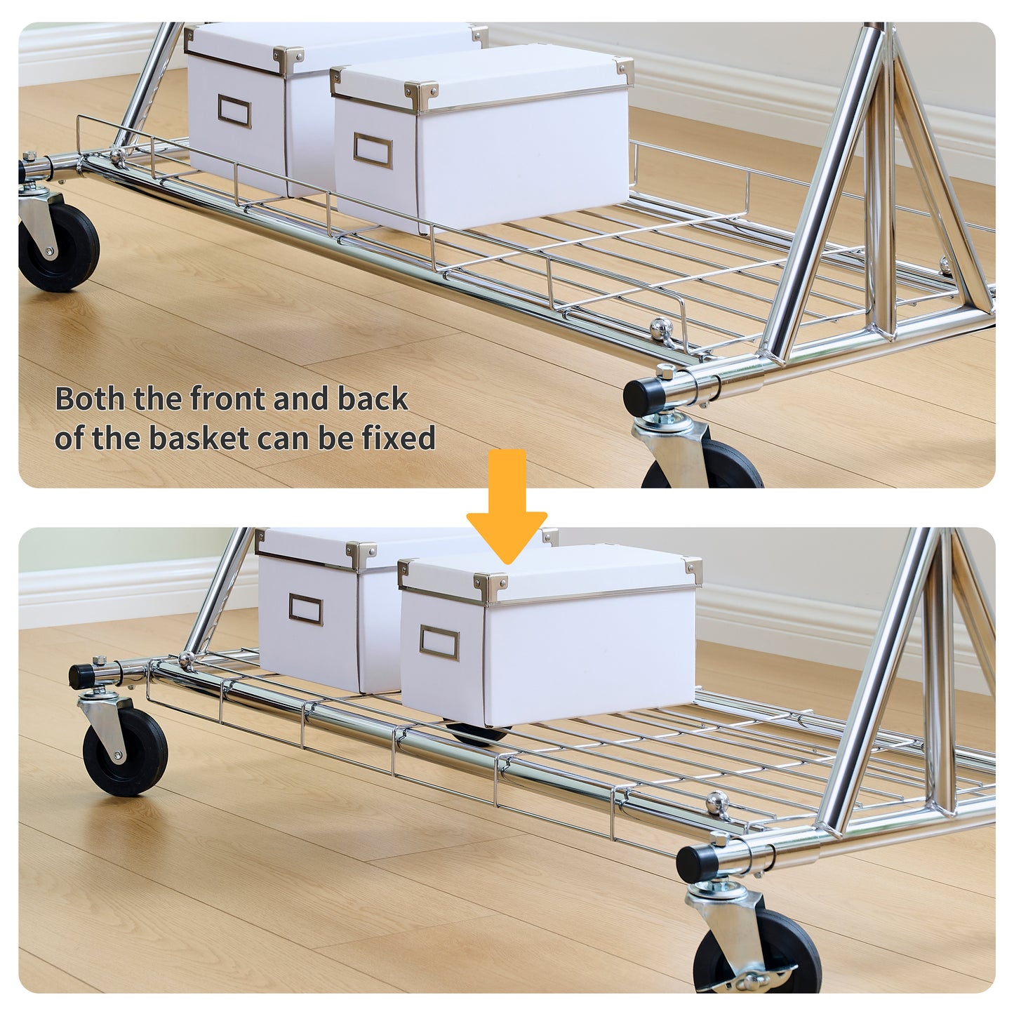 Chrome rolling garment rack with attached wheels