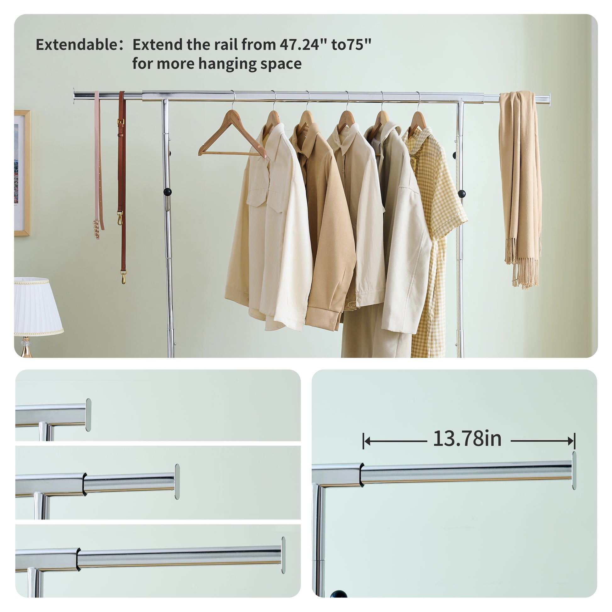 Extendable garment rack with adjustable width from  inches