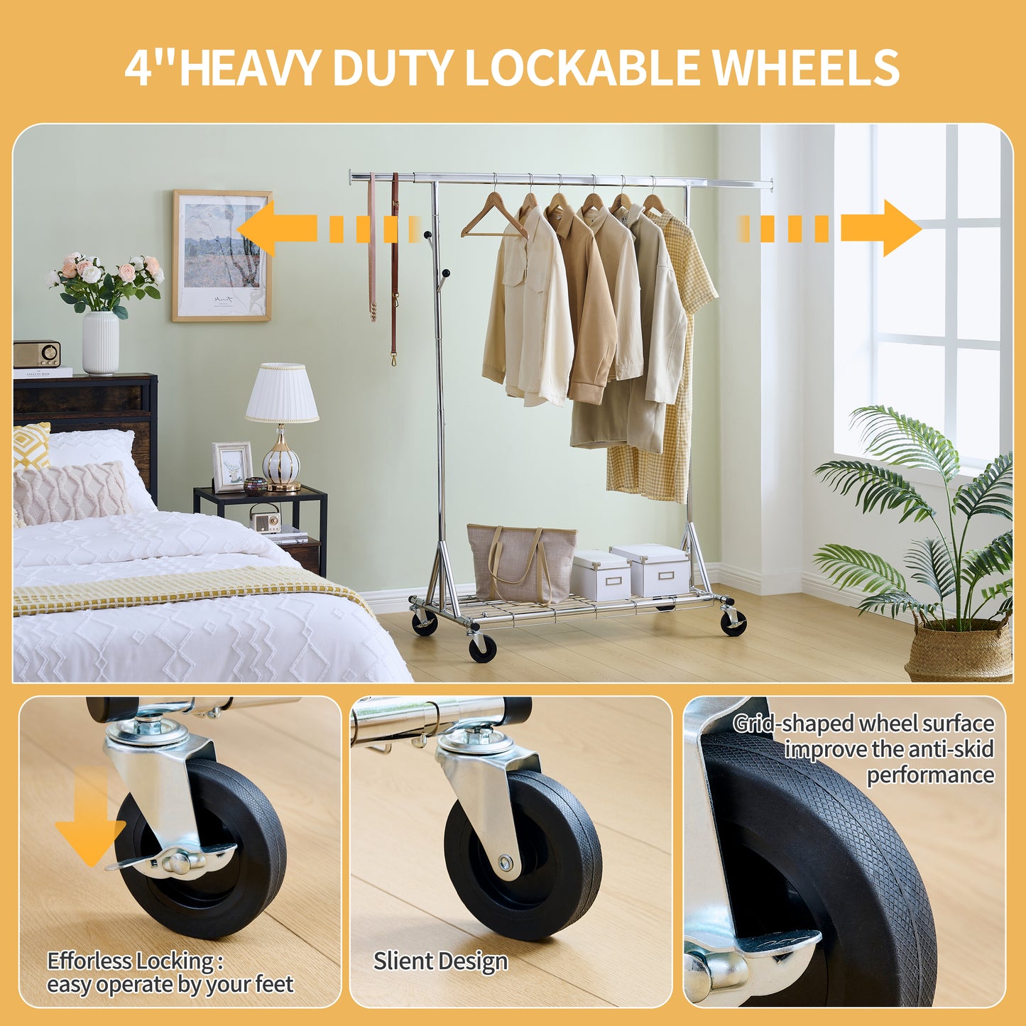 inch heavy duty lockable wheels on a garment rack