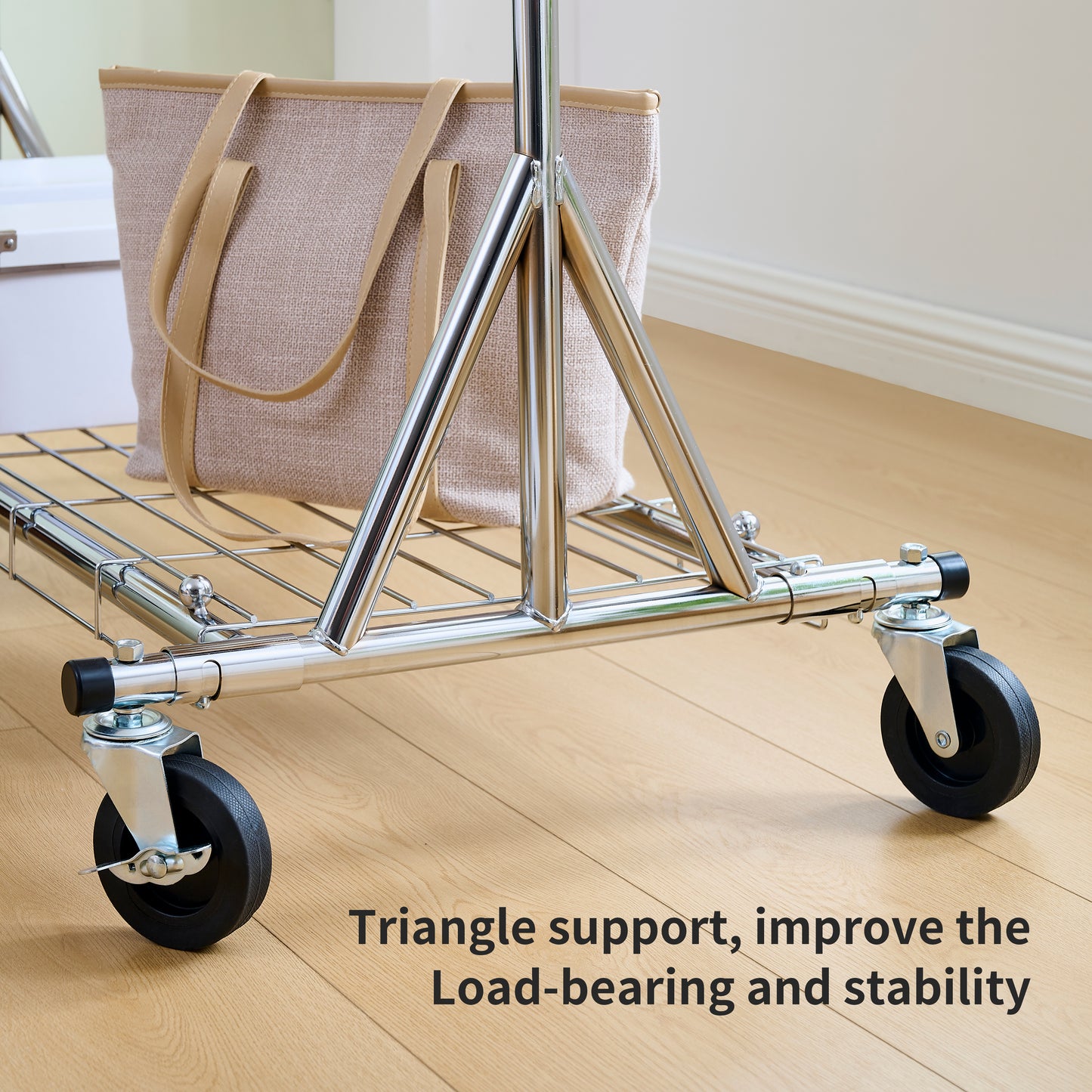 Chrome garment rack base with four heavyduty black casters