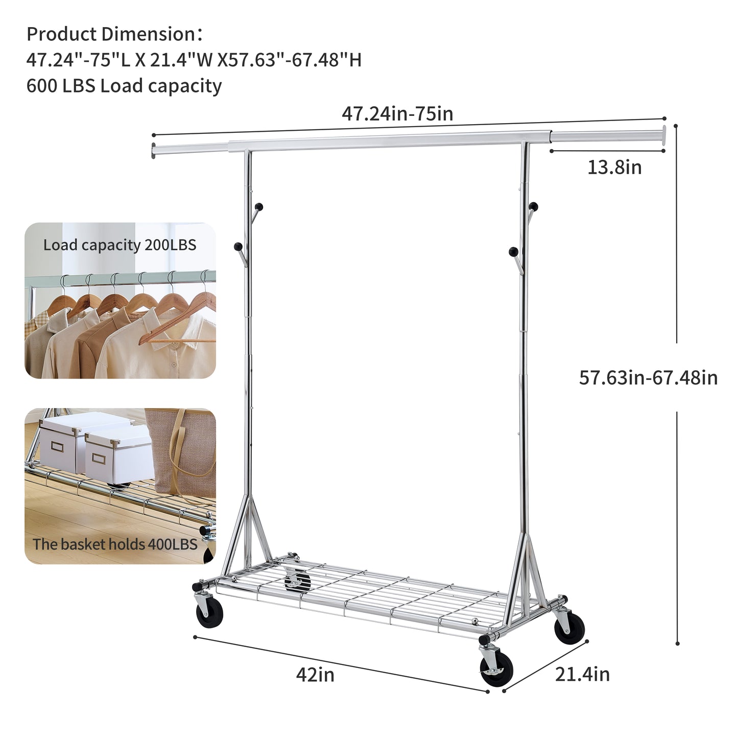 Chrome garment rack with adjustable height and wheeled base